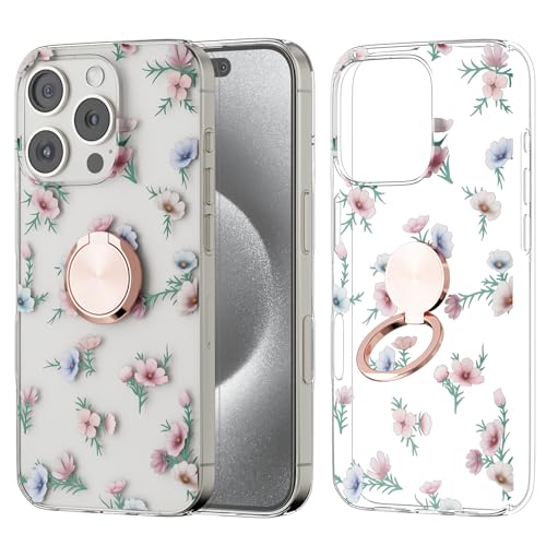 ANFAIRLACE Hülle Kompatibel mit iPhone 16 Pro Max, Ring Halter Schutzhülle Blume Pflanzen Schmetterling Kunstmuster Klar Handyhülle, Kosmos von ANFAIRLACE