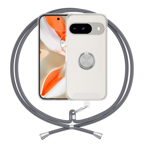 Hülle Kompatibel mit Google Pixel 9 / Pixel 9 Pro, Ring Halter Handyhülle Band Transparent Silikon Handykette Klar Schutzhülle, Grau Hülle Kompatibel mit Google Pixel 9 / Pixel 9 Pro, Ring Halter Handyhülle Band Transparent Silikon Handykette Klar Schutzhülle, Grau von ANFAIRLACE