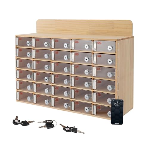 Handy-Aufbewahrungsbox aus Holz, 30 Fächer, mit transparenten Acryltüren, Wandmontage oder freistehend, Aufbewahrungsschrank mit individuellen Schlüsseln, für Klassenzimmer, Büro(30 Slots) von ANGDI