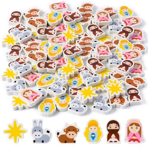 ANGOLIO 60Pcs Christian Mini Radiergummis Nativity Cartoon Erasers Bulk Bleistift Top Jesues Religiöse Muster für Kids Classroom Aktivitäten Spiel Rewards Preise Christmas Birthday Party Supplies von ANGOLIO