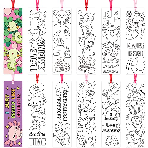 ANGOLIO Color Your Axolotl Lesezeichen - 75 Stück DIY Färbung Niedlich Tier Papier Axolotl Bookmarks mit Bändern Inspirierende Seitenmarker Kunsthandwerk für Kinder Studenten Klassenzimmer Lesezubehör von ANGOLIO