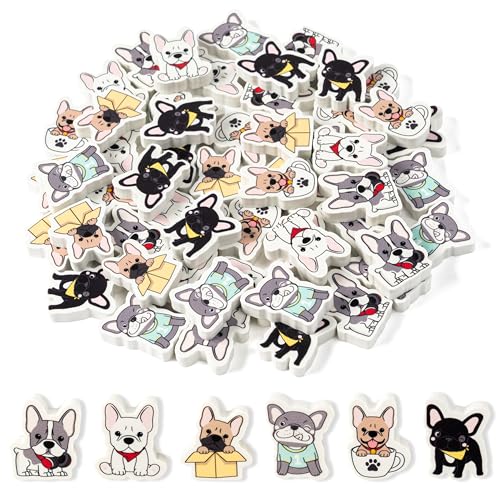 ANGOLIO French Bulldog Mini Radiergummis 60Pcs, Cartoon Dogs Bulk Bleistift Top Cute Tiere Muster Schreibtisch-Tier für Kinder Classroom Aktivität Rewards Preise Birthday Party Supplies Geschenke von ANGOLIO