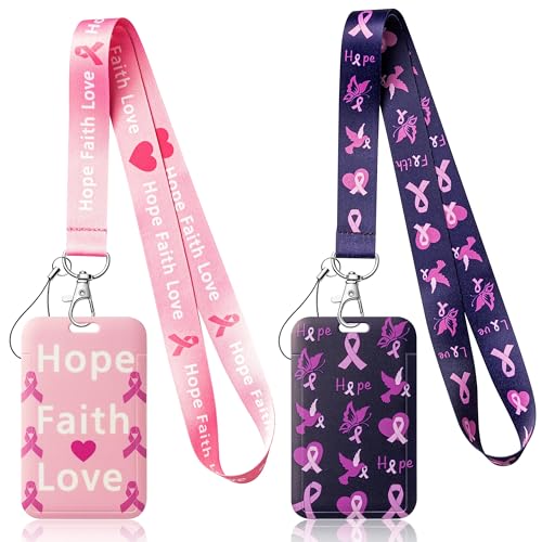 Breast Brustkrebs Bewusstsein Kartenhalter mit Lanyard, rosa Schleife Thema Lanyard mit ID Karte Hoffnung Glaube Liebe Badge Halter, Schreibwaren liefert Geschenke Set für Frauen Mädchen von ANGOLIO