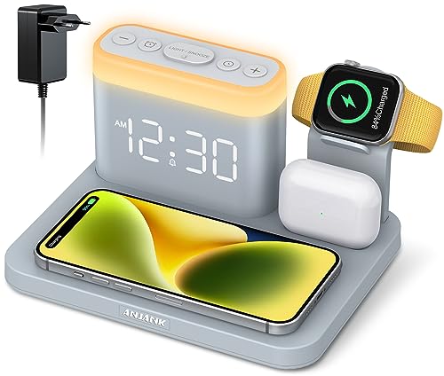 5 in 1 Ladestation Apple Watch mit Wecker & 7 Nachtlicht, 0-100% Dimmbares, Ladeindikator,Induktive Kabelloses Ladegerät,Wireless Charger für iPhone 15/14/13/12/Pro/Pro Max,AirPods3/2/1/Pro von ANJANK