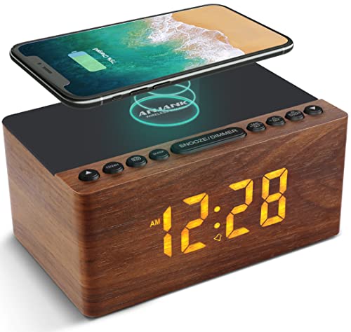 ANJANK Digitaler Radiowecker aus Holz mit Kabelloser Ladestation，10W Fast Wireless Charger for iPhone/Samsung Galaxy，LED Display mit 5-stufiger Dimmer,USB Ladeanschluss,Uhrenradio ohne Ticken, Braun von ANJANK