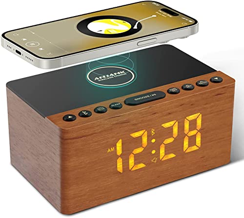 ANJANK Hölzerner Bluetooth-Lautsprecher Radiowecker Digital,Kabellose Ladestation für iPhone/Samsung,0-100% Dimmbares Display,USB-Ladeanschluss,Sleep Timer,Digitale Holzuhr für Schlafzimmer Nachttisch von ANJANK