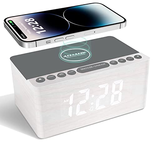 ANJANK Hölzerner Radio wecker Digital mit kabelloses Laden,10W Fast Wireless Charger for Iphone/Android,Schlafzimmer Handy USB Ladefunktion,5 Stufen Dimmer,Batterie Backup,Netzbetrieb,LED-Display,Weiß von ANJANK