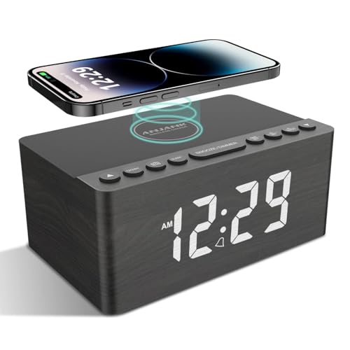 ANJANK Radio wecker Digital mit kabelloses Laden,10W Fast Wireless Charger for iPhone/Android Phone,USB-Ladegerät und dimmbares LED-Display,Netzbetrieb,Batterie Backup,Lautsprecher,Hölzerner（grau） von ANJANK