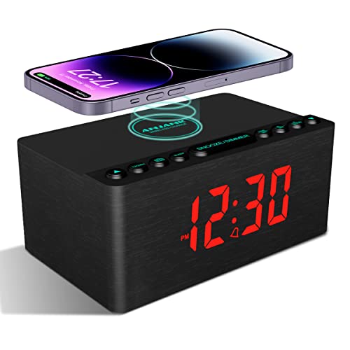 ANJANK Radiowecker Digital mit USB-Ladegerät,Lauter Wecker mit Lautsprecher,Digitaler wecker mit FM-Radio,Dimmer,Snooze,LED Display Alarm Clock,Uhrenradio aus Holzmaserung,wecker ohne Ticken(Schwarz) von ANJANK