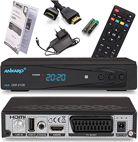 Ankaro 2100 DSR HD Sat Receiver mit PVR Aufnahmefunktion für Satellitenschüssel, AAC-LC Audio, Einkabel tauglich, HDMI,SCART, KOAXIAL, USB 2.0, Timeshift, Receiver für Sat Fernsehen + HDMI Kabel von ANKARO