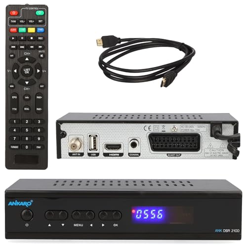 Ankaro 2100 DSR HD Sat Receiver mit PVR Aufnahmefunktion für Satellitenschüssel, AAC-LC Audio, Einkabel tauglich, HDMI,SCART, KOAXIAL, USB 2.0, Timeshift, Receiver für Sat Fernsehen + HDMI Kabel von ANKARO