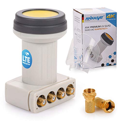 ANKASAT - ANK Premium UV Quad LNB + Wetterschutz Kappe, 4 Teilnehmer zum Direktanschluss, Hitze und Kältebeständig -35° ~ +70°C, ausziehbarer Wetterschutz, HDTV, 4K, UHD, LTE Abschirmung von ANKASAT