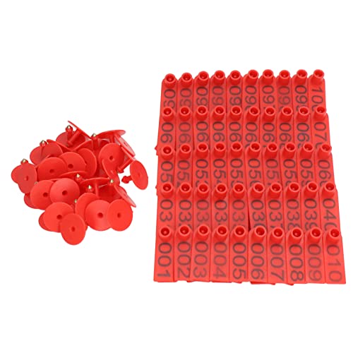 Viehohr -Ohr -Tags nummerierte Identifizierung langlebig wetterfeste tierische Ohrhörer für Rinderschafe Schweine Größe 5.3x1,8 cm 100 Sets mit Pins Premium pp Material (Rot) von ANKROYU