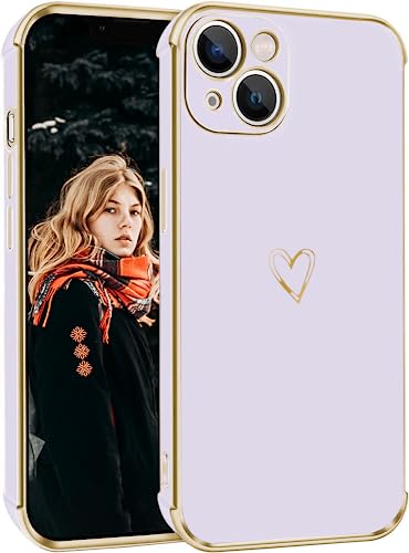 ANLYGOLD Handyhülle Kompatibel mit iPhone 14 Hülle, Süße Herzmuster Mädchen Liebesherz Galvanisierte Weich TPU Kameraschutz Stoßfest Schutzhülle Phone Case für iPhone 14 Hülle - Lila von ANLYGOLD