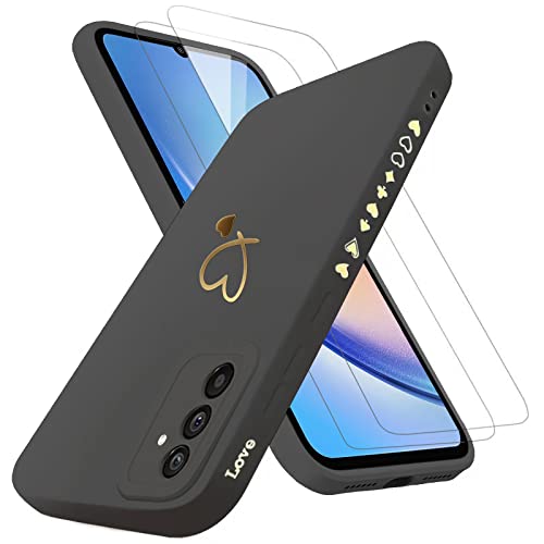 ANLYGOLD Handyhülle für Samsung Galaxy A34 5G Hülle mit 2 Stück Panzerglas, Samsung A34 5G Hülle Fashion Gold Herz Muster Kameraschutz Weich TPU Silikon Schutzhülle Case Stoßfeste Hülle - Schwarz von ANLYGOLD