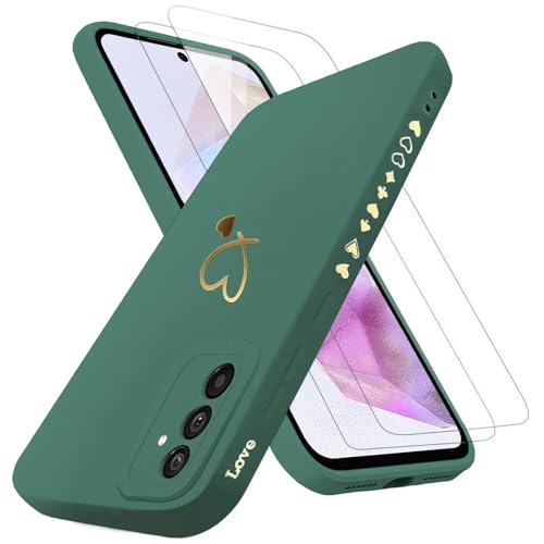 ANLYGOLD Handyhülle für Samsung Galaxy A35 5G Hülle mit 2 Stück 9H Panzerfolie Schutzglas, Samsung A35 5G Hülle Fashion Gold Herz Muster Kameraschutz Weich TPU Silikon Schutzhülle Case Hülle - Grün von ANLYGOLD