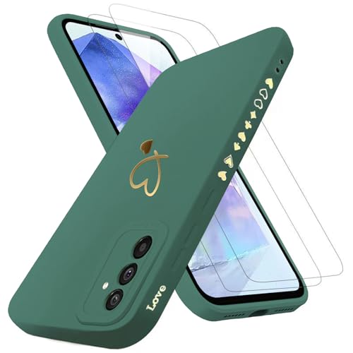 ANLYGOLD Handyhülle für Samsung Galaxy A55 5G Hülle mit 2 Stück 9H Panzerfolie Schutzglas, Samsung A55 5G Hülle Fashion Gold Herz Muster Kameraschutz Weich TPU Silikon Schutzhülle Case Hülle - Grün von ANLYGOLD