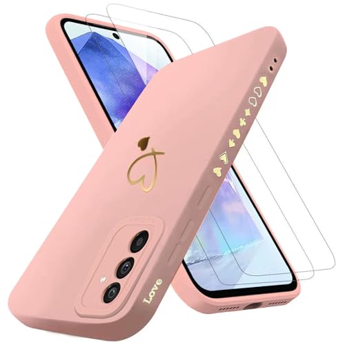 ANLYGOLD Handyhülle für Samsung Galaxy A55 5G Hülle mit 2 Stück 9H Panzerfolie Schutzglas, Samsung A55 5G Hülle Fashion Gold Herz Muster Kameraschutz Weich TPU Silikon Schutzhülle Case Hülle - Rosa von ANLYGOLD