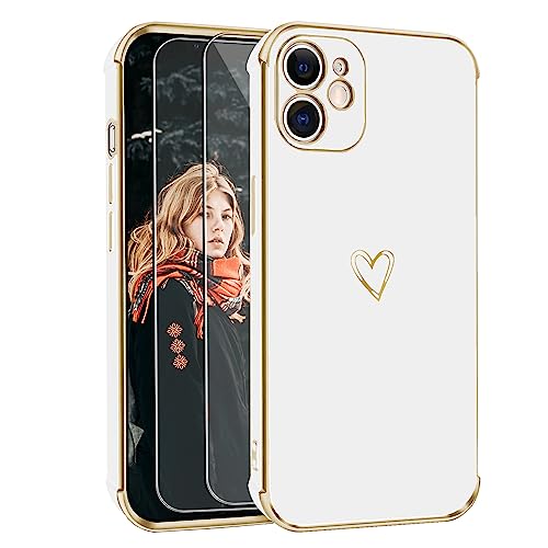 Handyhülle Kompatibel mit iPhone 11 Hülle mit 2 Stück Panzerfolie , Süße Herzmuster Mädchen Liebesherz Galvanisierte Weich TPU Kameraschutz Stoßfest Schutzhülle Phone Case für iPhone 11 - weiß von ANLYGOLD