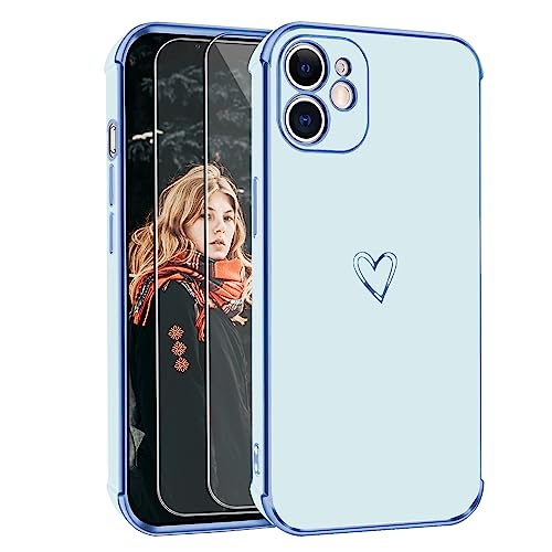 Handyhülle Kompatibel mit iPhone 11 Hülle mit 2 Stück Panzerfolie , Süße Herzmuster Mädchen Liebesherz Galvanisierte Weich TPU Kameraschutz Stoßfest Schutzhülle Phone Case für iPhone 11 - Blua von ANLYGOLD