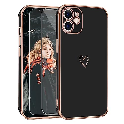 Handyhülle Kompatibel mit iPhone 12 Hülle mit 2 Stück Panzerfolie , Süße Herzmuster Mädchen Liebesherz Galvanisierte Weich TPU Kameraschutz Stoßfest Schutzhülle Phone Case für iPhone 12 - Schwarz von ANLYGOLD