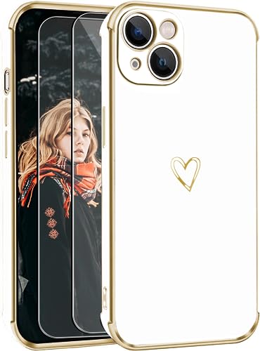 Handyhülle Kompatibel mit iPhone 13 Hülle mit 2 Stück Panzerfolie , Süße Herzmuster Mädchen Liebesherz Galvanisierte Weich TPU Kameraschutz Stoßfest Schutzhülle Phone Case für iPhone 13 - weiß Handyhülle Kompatibel mit iPhone 13 Hülle mit 2 Stück Panzerfolie , Süße Herzmuster Mädchen Liebesherz Galvanisierte Weich TPU Kameraschutz Stoßfest Schutzhülle Phone Case für iPhone 13 - weiß von ANLYGOLD