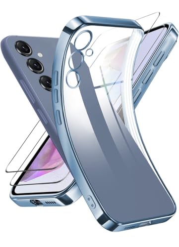 Handyhülle für Samsung Galaxy A15 5G/4G Hülle mit 2 Stück 9H Panzerfolie Schutzglas, Samsung A15 5G Hülle mit Kameraschutz Niemals Gelb Ultra Dünn Crystal Clear Silikon Schutzhülle - Blau von ANLYGOLD