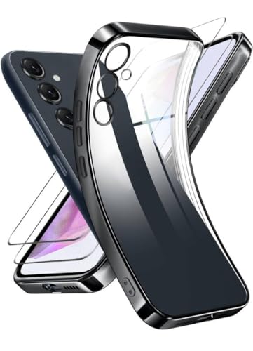 Handyhülle für Samsung Galaxy A15 5G/4G Hülle mit 2 Stück 9H Panzerfolie Schutzglas, Samsung A15 5G Hülle mit Kameraschutz Niemals Gelb Ultra Dünn Crystal Clear Silikon Schutzhülle - Schwarz von ANLYGOLD