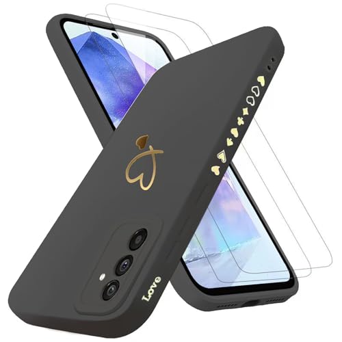 Handyhülle für Samsung Galaxy A55 5G Hülle mit 2 Stück 9H Panzerfolie Schutzglas, Samsung A55 5G Hülle Fashion Gold Herz Muster Kameraschutz Weich TPU Silikon Schutzhülle Case Hülle - Schwarz Handyhülle für Samsung Galaxy A55 5G Hülle mit 2 Stück 9H Panzerfolie Schutzglas, Samsung A55 5G Hülle Fashion Gold Herz Muster Kameraschutz Weich TPU Silikon Schutzhülle Case Hülle - Schwarz von ANLYGOLD