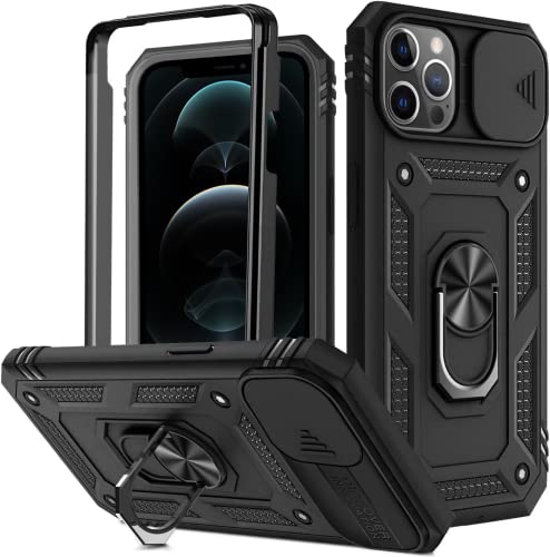 Handyhülle für iPhone 12 Hülle/iPhone 12 Pro Hülle, Kameraschutz mit Slide Camera, 360° Drehbarer Metall Ring Ständer Militärqualität Stoßfest für iPhone 12/iPhone 12 Pro Hülle -Schwarz von ANLYGOLD