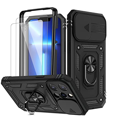 Handyhülle für iPhone 13 Pro Max Hülle mit 2 Stück Panzerfolie Schutzfolie, Kameraschutz mit Slide Camera, 360° Drehbarer Metall Ring Ständer Militärqualität Stoßfest für iPhone 13 Pro Max - Schwarz Handyhülle für iPhone 13 Pro Max Hülle mit 2 Stück Panzerfolie Schutzfolie, Kameraschutz mit Slide Camera, 360° Drehbarer Metall Ring Ständer Militärqualität Stoßfest für iPhone 13 Pro Max - Schwarz von ANLYGOLD