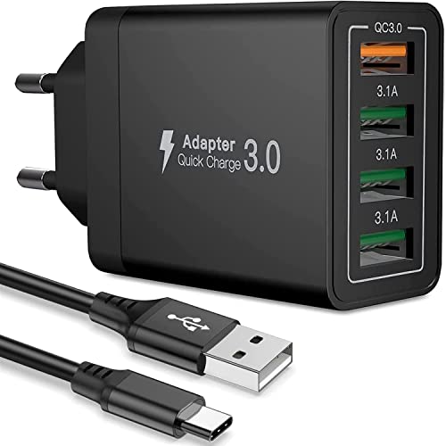 ANNCAY Quick Charge 3.0 USB Ladegerät mit USB Type C Ladekabel, 33W QC 3.0 ladegeraet mit 4 Ports USB Netzteil für Samsung Galaxy S21/S20/iPhone 12/13/Huawei/Xiaomi usw von ANNCAY