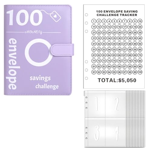 ANNJUC 100 Umschläge Challenge Binder Geldspar-Challenge-Budgetbuch 100 Umschlag-Challenge-Binder, Geldsparordner (Lila) von ANNJUC