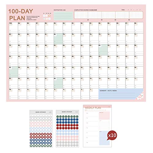 Großer 100-Tage-Planer, perfekter Plan/Zeit-Organizer für Studium, Prüfung, Diät, Fitnessplanung, bunt, täglicher Wandaufkleber-Kalender auf Kühlschrank, rosa von ANQI