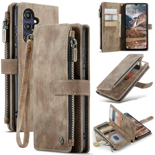 ANROD Brieftasche Hülle für Samsung Galaxy A25 5G (2024), Stoßfestes Flip-Magnetverschluss aus PU-Leder Reißverschluss Cases für Galaxy A25 5G mit Kartensteckplatz (Brown) von ANROD