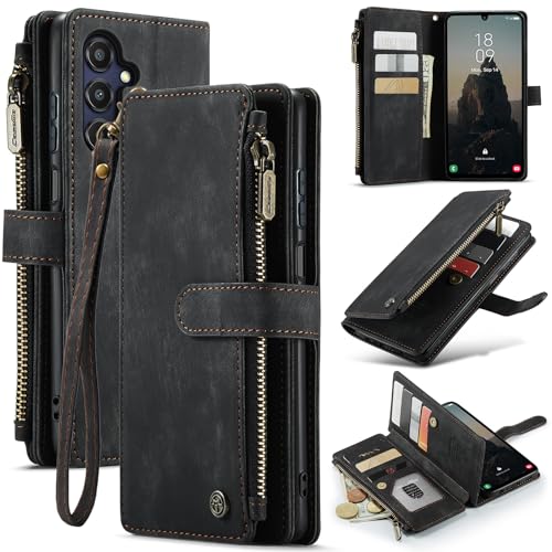 ANROD Brieftasche Hülle für Samsung Galaxy A25 5G (2024), Stoßfestes Flip-Magnetverschluss aus PU-Leder Reißverschluss Cases für Galaxy A25 5G mit Kartensteckplatz (Schwarz) von ANROD