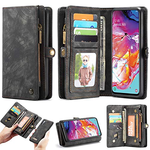 ANROD Brieftasche Hülle für Samsung Galaxy A70,CaseMe Stoßfestes Geldbörsenetui,Abnehmbares Portemonnaie Mit Reißverschluss,Kartensteckplatz Und Originellem Magneten (Schwarz) von ANROD