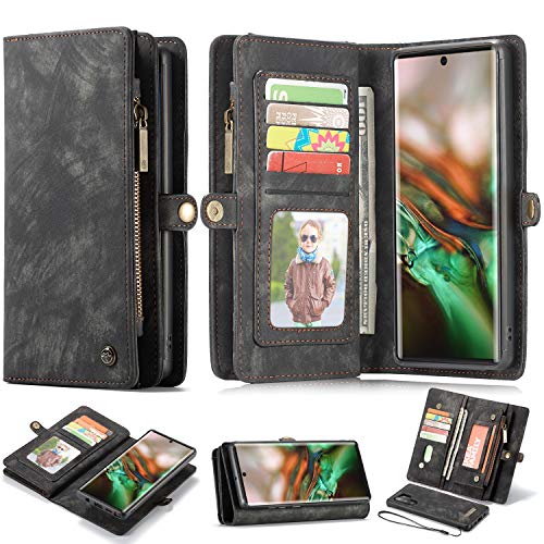 ANROD Brieftasche Hülle für Samsung Galaxy Note 10+/Plus,CaseMe Stoßfestes Geldbörsenetui,Abnehmbares Portemonnaie Mit Reißverschluss,Kartensteckplatz Und Originellem Magneten (Schwarz) von ANROD