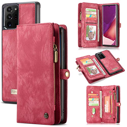 ANROD Brieftasche Hülle für Samsung Galaxy Note 20 Ultra,CaseMe Stoßfestes Geldbörsenetui,Abnehmbares Portemonnaie Mit Reißverschluss,Kartensteckplatz Und Originellem Magneten (Rot) von ANROD