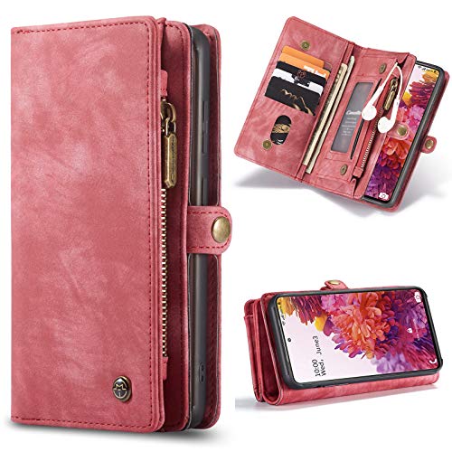 ANROD Brieftasche Hülle für Samsung Galaxy S20 FE 5G,CaseMe Stoßfestes Geldbörsenetui,Abnehmbares Portemonnaie Mit Reißverschluss,Kartensteckplatz Und Originellem Magneten (Rot) von ANROD