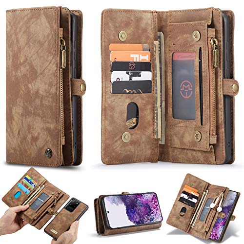 ANROD Brieftasche Hülle für Samsung Galaxy S20 Ultra,CaseMe Stoßfestes Geldbörsenetui,Abnehmbares Portemonnaie Mit Reißverschluss,Kartensteckplatz Und Originellem Magneten (Brown) von ANROD