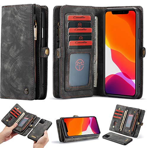 ANROD Brieftasche Hülle für iPhone 11,CaseMe Stoßfestes Geldbörsenetui,Abnehmbares Portemonnaie Mit Reißverschluss,Kartensteckplatz Und Originellem Magneten (11, Schwarz) von ANROD