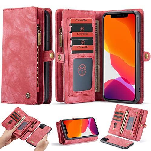 ANROD Brieftasche Hülle für iPhone 11 Pro Max,CaseMe Stoßfestes Geldbörsenetui,Abnehmbares Portemonnaie Mit Reißverschluss,Kartensteckplatz Und Originellem Magneten (11Pro Max, Rot) von ANROD