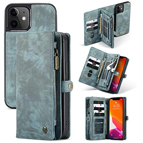 ANROD Brieftasche Hülle für iPhone 12,CaseMe Stoßfestes Geldbörsenetui,Abnehmbares Portemonnaie Mit Reißverschluss,Kartensteckplatz Und Originellem Magneten (Blau) von ANROD