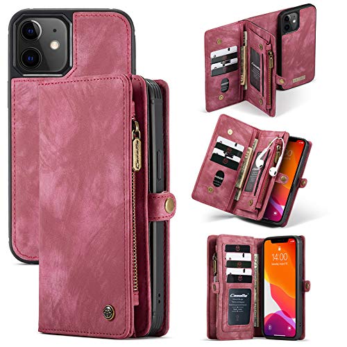 ANROD Brieftasche Hülle für iPhone 12 Mini,CaseMe Stoßfestes Geldbörsenetui,Abnehmbares Portemonnaie Mit Reißverschluss,Kartensteckplatz Und Originellem Magneten (Rot) von ANROD