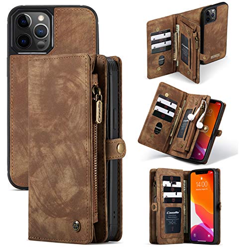 ANROD Brieftasche Hülle für iPhone 12 Pro Max,CaseMe Stoßfestes Geldbörsenetui,Abnehmbares Portemonnaie Mit Reißverschluss,Kartensteckplatz Und Originellem Magneten (Brown) von ANROD
