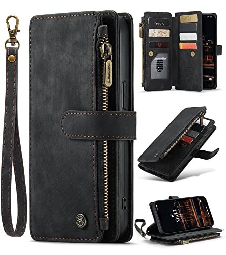 ANROD Brieftasche Hülle für iPhone 14 Plus,Stoßfestes Flip-Magnetverschluss aus PU-Leder Reißverschluss Cases für iPhone 14 Plus,mit Kartensteckplatz (Schwarz) von ANROD