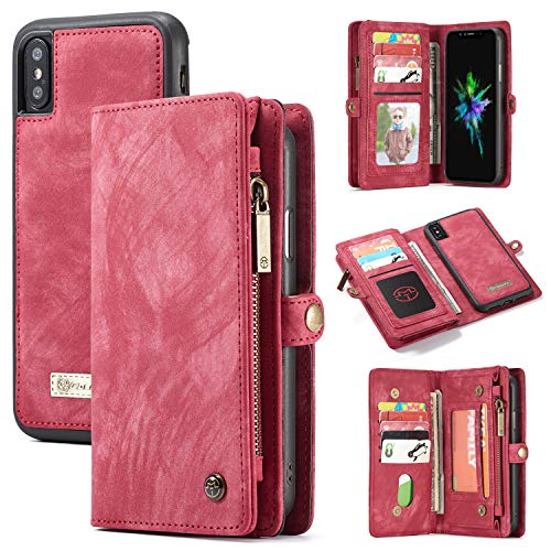ANROD Brieftasche Hülle für iPhone XS MAX,CaseMe Stoßfestes Geldbörsenetui,Abnehmbares Portemonnaie Mit Reißverschluss,Kartensteckplatz Und Originellem Magneten (XS Max, Rot) von ANROD