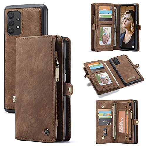 ANROD CaseMe Brieftasche Hülle für Samsung Galaxy A32 5G,Stoßfestes Geldbörsenetui,Abnehmbares Portemonnaie Mit Reißverschluss,Kartensteckplatz Und Originellem Magneten (Brown) von ANROD