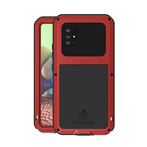 ANROD Ganzkörper Hülle für Samsung Galaxy A71 5G,Love MEI Stoßfest Staubdicht Case Schwerlast Draussen Hybride Aluminium Schneesicher Case mit Gehärtetes Glas,Unterstützt das Kabellose Laden (Rot) von ANROD